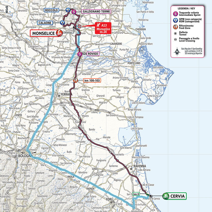 MAPPA TAPPA 13 GIRO D'ITALIA Cervia - Monselice, 50km nel ferrarese!